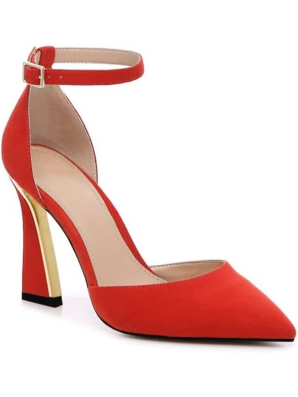 Women's Red Pumps Point Closed Toe Heels Buckle Ankle Strap Heeled Sandals